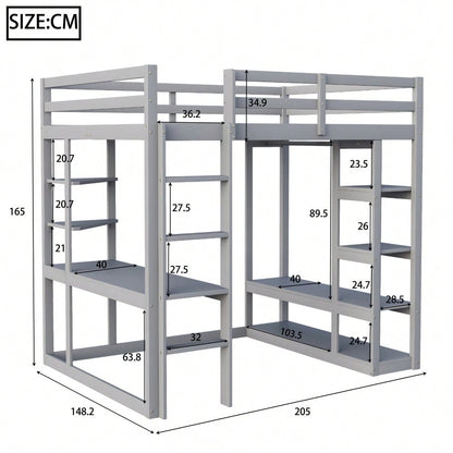 Hochbett mit Leiter Massivholz 140*200 cm, Mit Tisch und Regalen, Mit Einfachen Aufhängungen und Ablage Laminat, Kinderbetten Jugendbetten, Doppelbetten, Grau