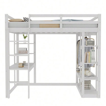 Hochbett mit Leiter Massivholz 140*200 cm, Mit Tisch und Regalen, Mit Einfachen Aufhängungen und Ablage Laminat, Kinderbetten Jugendbetten, Doppelbetten, Weiß