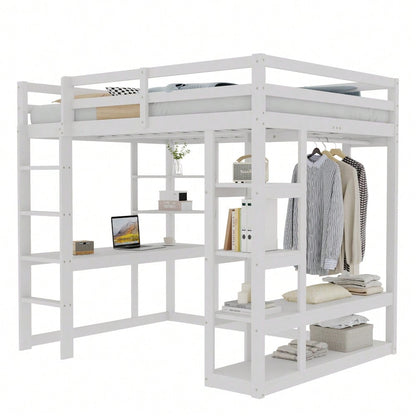 Hochbett mit Leiter Massivholz 140*200 cm, Mit Tisch und Regalen, Mit Einfachen Aufhängungen und Ablage Laminat, Kinderbetten Jugendbetten, Doppelbetten, Weiß