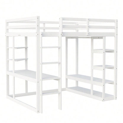 Hochbett mit Leiter Massivholz 140*200 cm, Mit Tisch und Regalen, Mit Einfachen Aufhängungen und Ablage Laminat, Kinderbetten Jugendbetten, Doppelbetten, Weiß