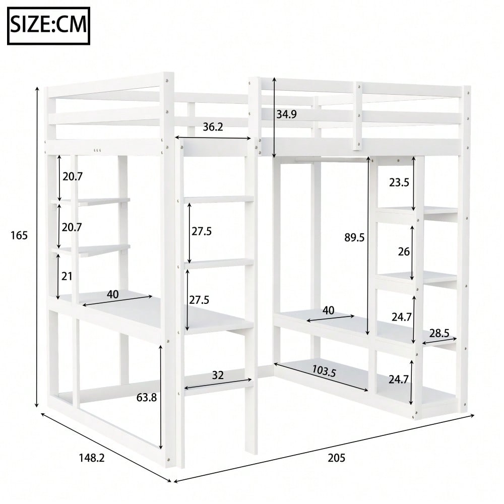 Hochbett mit Leiter Massivholz 140*200 cm, Mit Tisch und Regalen, Mit Einfachen Aufhängungen und Ablage Laminat, Kinderbetten Jugendbetten, Doppelbetten, Weiß