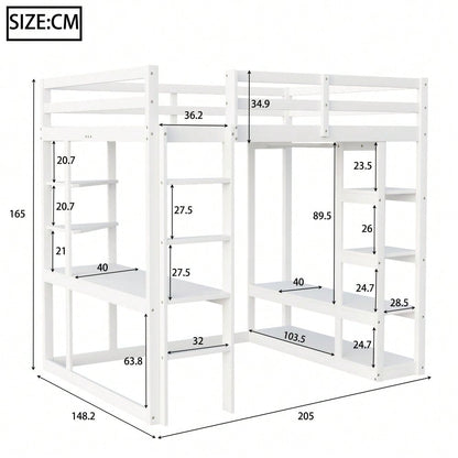 Hochbett mit Leiter Massivholz 140*200 cm, Mit Tisch und Regalen, Mit Einfachen Aufhängungen und Ablage Laminat, Kinderbetten Jugendbetten, Doppelbetten, Weiß
