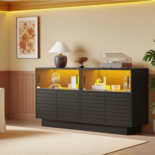 130*35*68cm Sideboard mit 2 Kabinett, 4 Fächern,  Glastüren, Breite 130 cm, Beistellschrank mit LED-Licht, Wohnraumschrank mit viel Stauraum,  modernes highboard