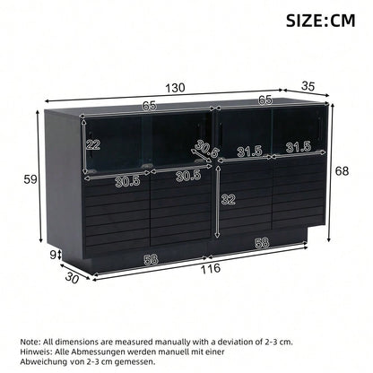 130*35*68cm Sideboard mit 2 Kabinett, 4 Fächern,  Glastüren, Breite 130 cm, Beistellschrank mit LED-Licht, Wohnraumschrank mit viel Stauraum,  modernes highboard
