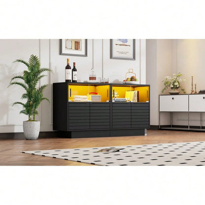 130*35*68cm Sideboard mit 2 Kabinett, 4 Fächern,  Glastüren, Breite 130 cm, Beistellschrank mit LED-Licht, Wohnraumschrank mit viel Stauraum,  modernes highboard