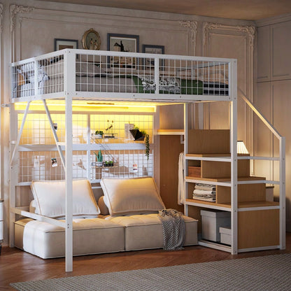 Eisenbett, Etagenbett, Hochbett  140*200, Geeignet für Kinder und Jugendliche Vielseitiges,Metall-Hochbett mit APP-gesteuerten LED-Lichtleisten Treppe mit Stauraum, offenem Kleiderschrank Weiß