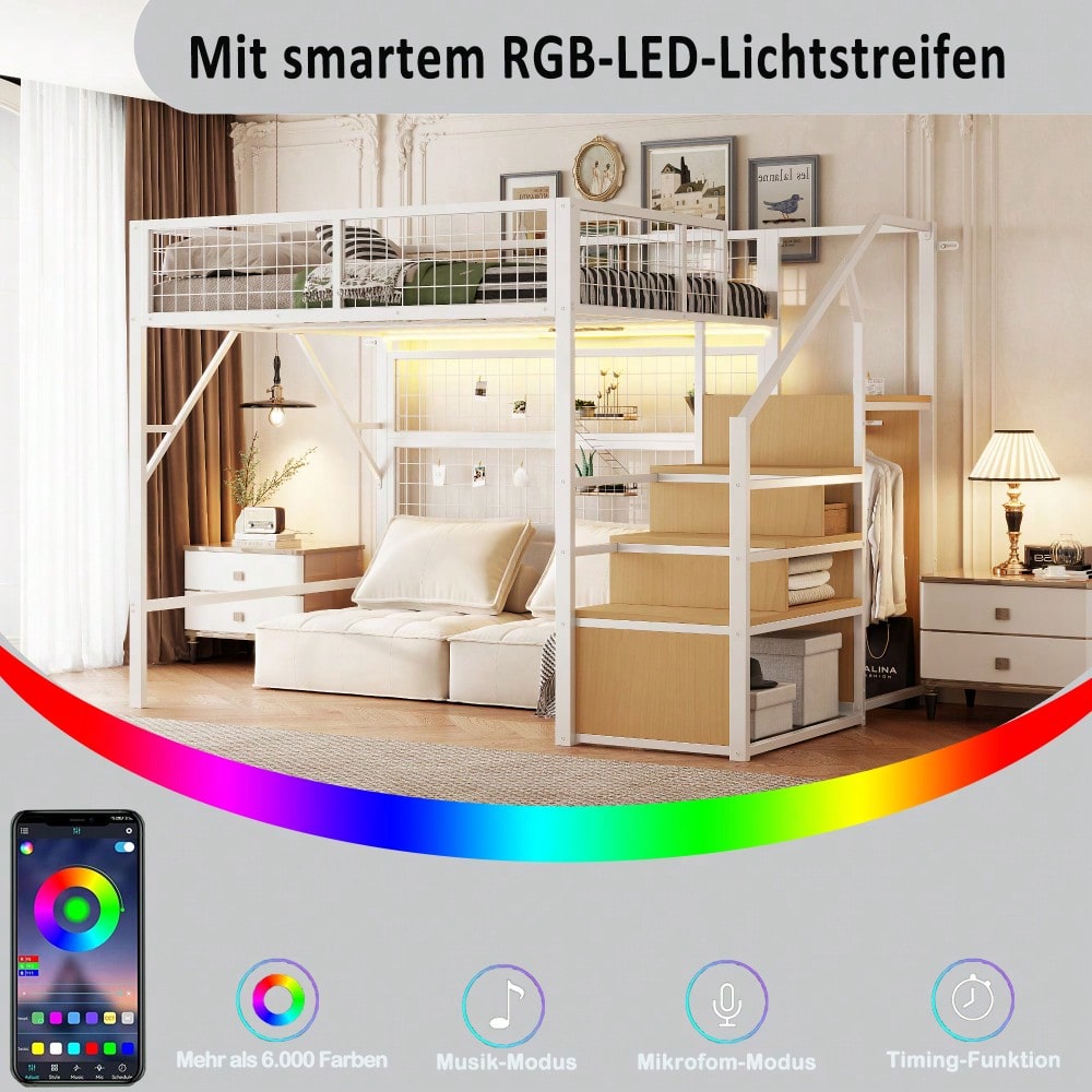 Eisenbett, Etagenbett, Hochbett  140*200, Geeignet für Kinder und Jugendliche Vielseitiges,Metall-Hochbett mit APP-gesteuerten LED-Lichtleisten Treppe mit Stauraum, offenem Kleiderschrank Weiß