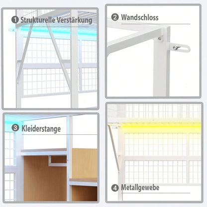 Eisenbett, Etagenbett, Hochbett  140*200, Geeignet für Kinder und Jugendliche Vielseitiges,Metall-Hochbett mit APP-gesteuerten LED-Lichtleisten Treppe mit Stauraum, offenem Kleiderschrank Weiß