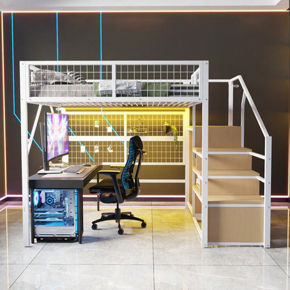 Eisenbett, Etagenbett, Hochbett  140*200, Geeignet für Kinder und Jugendliche Vielseitiges,Metall-Hochbett mit APP-gesteuerten LED-Lichtleisten Treppe mit Stauraum, offenem Kleiderschrank Weiß
