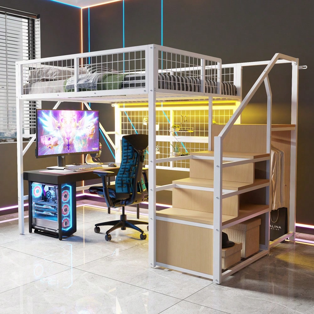 Eisenbett, Etagenbett, Hochbett  140*200, Geeignet für Kinder und Jugendliche Vielseitiges,Metall-Hochbett mit APP-gesteuerten LED-Lichtleisten Treppe mit Stauraum, offenem Kleiderschrank Weiß