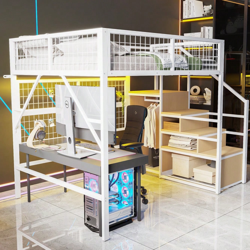 Eisenbett, Etagenbett, Hochbett  140*200, Geeignet für Kinder und Jugendliche Vielseitiges,Metall-Hochbett mit APP-gesteuerten LED-Lichtleisten Treppe mit Stauraum, offenem Kleiderschrank Weiß