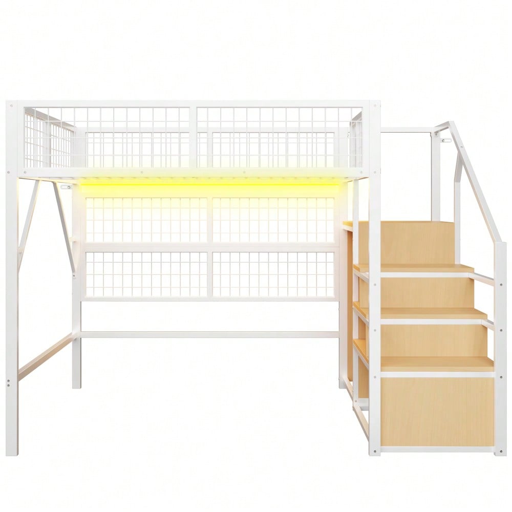 Eisenbett, Etagenbett, Hochbett  140*200, Geeignet für Kinder und Jugendliche Vielseitiges,Metall-Hochbett mit APP-gesteuerten LED-Lichtleisten Treppe mit Stauraum, offenem Kleiderschrank Weiß