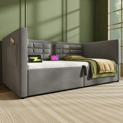 Polstertes Sofabett 90x200 cm, Einzelbett Schlafsofa mit Hydraulischem Stauraum und USB & Type-C Ladestation, Gästebett mit Holzlattenrost, Grau, Samt, Ohne Matratze.