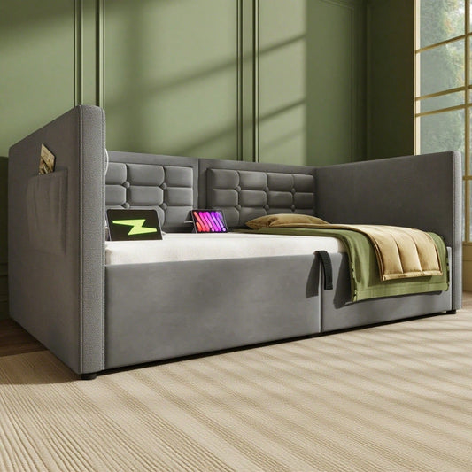 Polstertes Sofabett 90x200 cm, Einzelbett Schlafsofa mit Hydraulischem Stauraum und USB & Type-C Ladestation, Gästebett mit Holzlattenrost, Grau, Samt, Ohne Matratze.