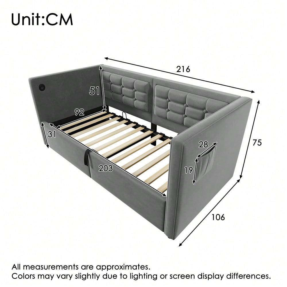 Polstertes Sofabett 90x200 cm, Einzelbett Schlafsofa mit Hydraulischem Stauraum und USB & Type-C Ladestation, Gästebett mit Holzlattenrost, Grau, Samt, Ohne Matratze.