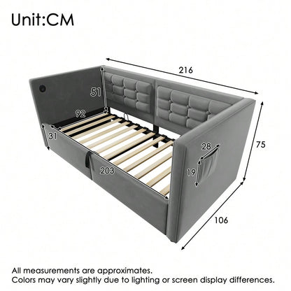 Polstertes Sofabett 90x200 cm, Einzelbett Schlafsofa mit Hydraulischem Stauraum und USB & Type-C Ladestation, Gästebett mit Holzlattenrost, Grau, Samt, Ohne Matratze.