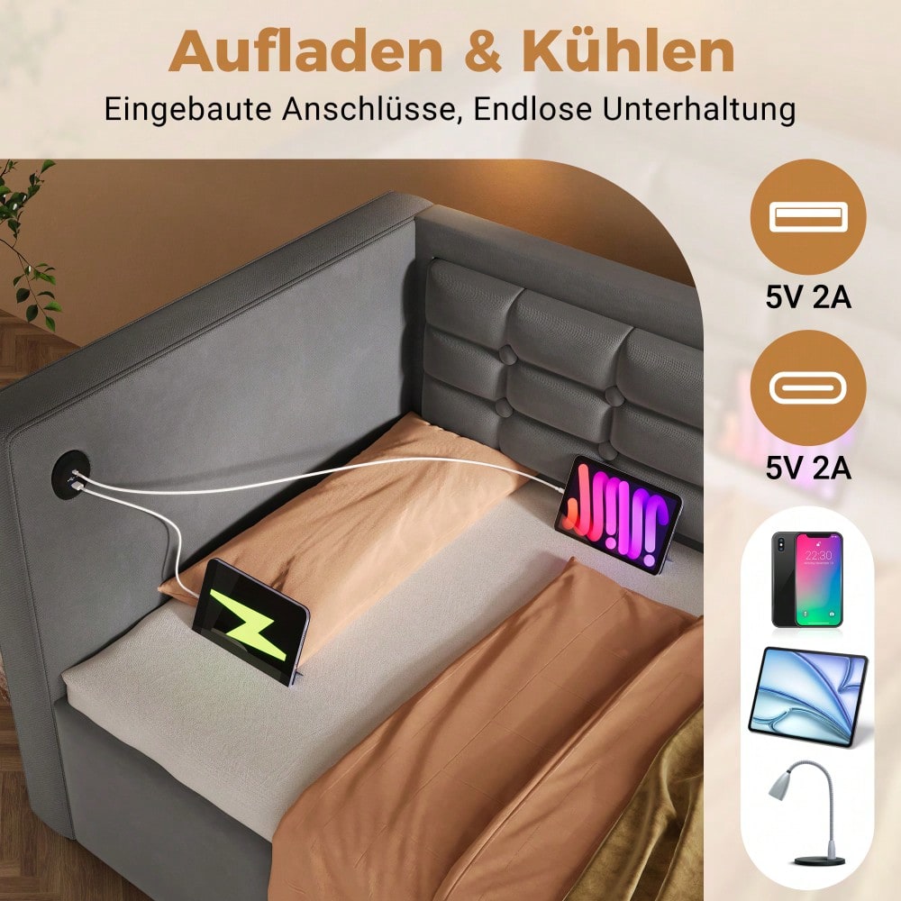 Polstertes Sofabett 90x200 cm, Einzelbett Schlafsofa mit Hydraulischem Stauraum und USB & Type-C Ladestation, Gästebett mit Holzlattenrost, Grau, Samt, Ohne Matratze.