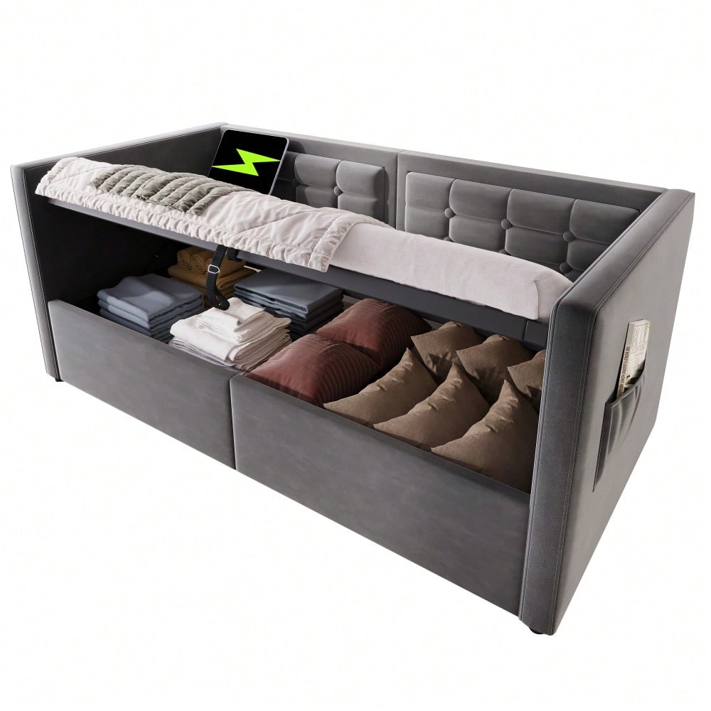 Polstertes Sofabett 90x200 cm, Einzelbett Schlafsofa mit Hydraulischem Stauraum und USB & Type-C Ladestation, Gästebett mit Holzlattenrost, Grau, Samt, Ohne Matratze.