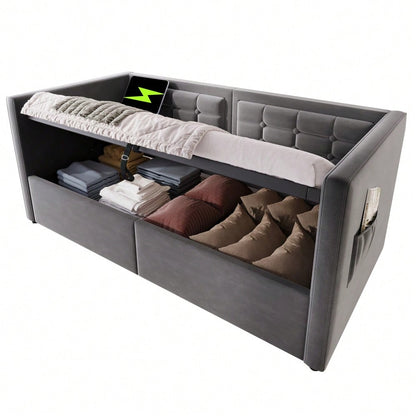 Polstertes Sofabett 90x200 cm, Einzelbett Schlafsofa mit Hydraulischem Stauraum und USB & Type-C Ladestation, Gästebett mit Holzlattenrost, Grau, Samt, Ohne Matratze.