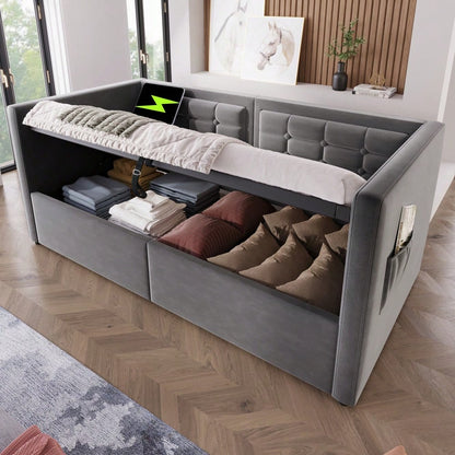 Polstertes Sofabett 90x200 cm, Einzelbett Schlafsofa mit Hydraulischem Stauraum und USB & Type-C Ladestation, Gästebett mit Holzlattenrost, Grau, Samt, Ohne Matratze.