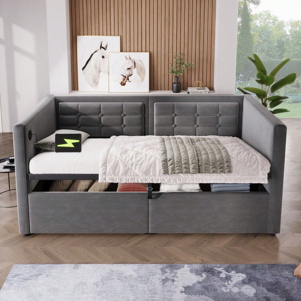 Polstertes Sofabett 90x200 cm, Einzelbett Schlafsofa mit Hydraulischem Stauraum und USB & Type-C Ladestation, Gästebett mit Holzlattenrost, Grau, Samt, Ohne Matratze.