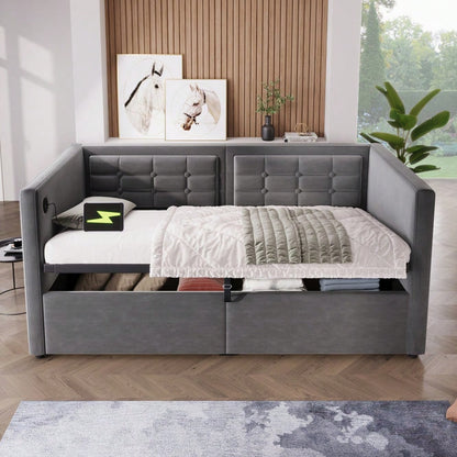 Polstertes Sofabett 90x200 cm, Einzelbett Schlafsofa mit Hydraulischem Stauraum und USB & Type-C Ladestation, Gästebett mit Holzlattenrost, Grau, Samt, Ohne Matratze.