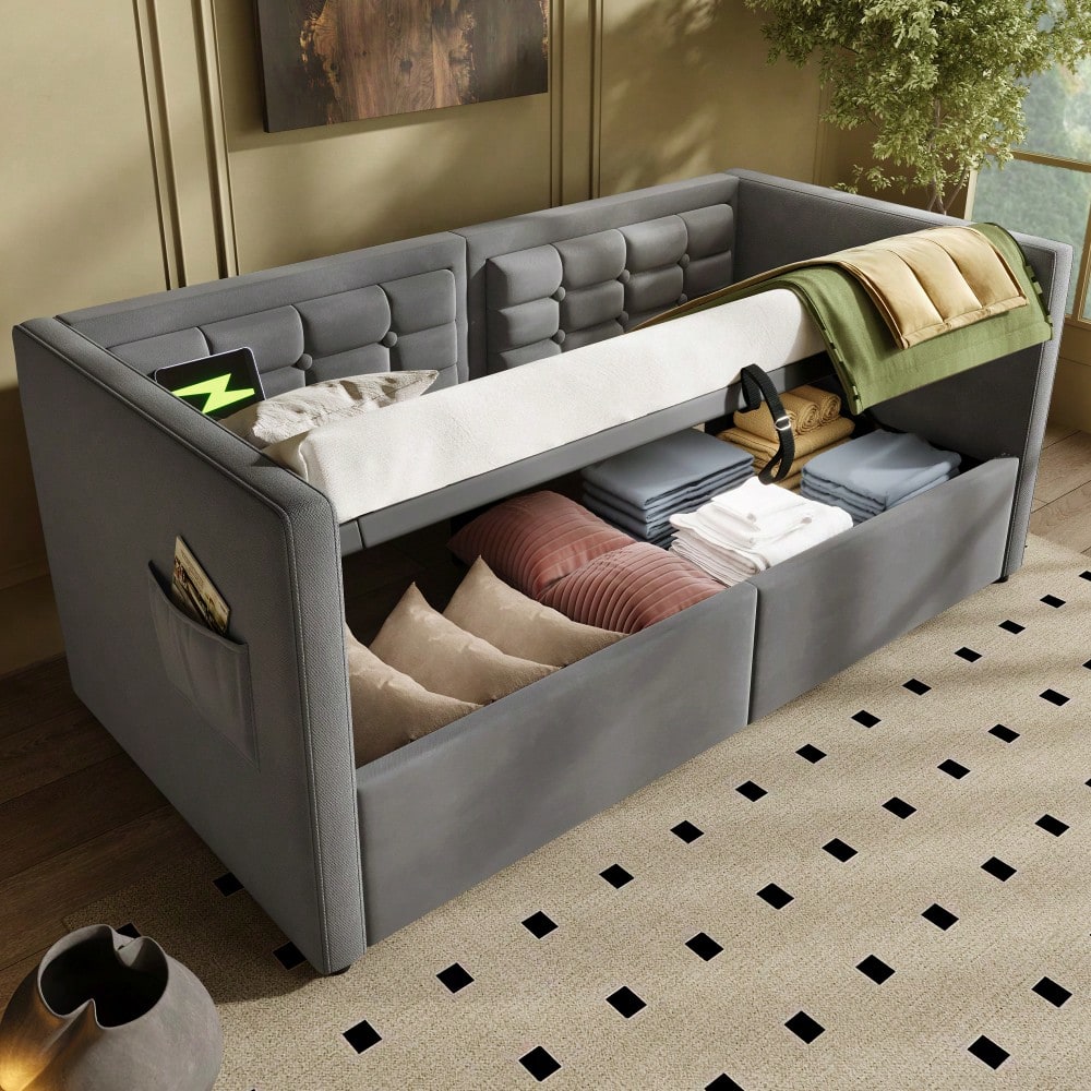 Polstertes Sofabett 90x200 cm, Einzelbett Schlafsofa mit Hydraulischem Stauraum und USB & Type-C Ladestation, Gästebett mit Holzlattenrost, Grau, Samt, Ohne Matratze.