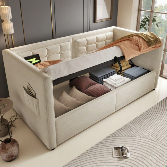 Polstertes Sofabett 90x200 cm, Einzelbett Schlafsofa mit Hydraulischem Stauraum und USB & Type-C Ladestation, Gästebett mit Holzlattenrost, Beige, Samt, Ohne Matratze.