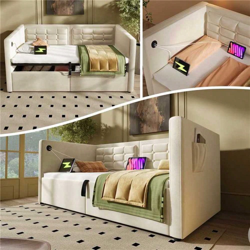Polstertes Sofabett 90x200 cm, Einzelbett Schlafsofa mit Hydraulischem Stauraum und USB & Type-C Ladestation, Gästebett mit Holzlattenrost, Beige, Samt, Ohne Matratze.