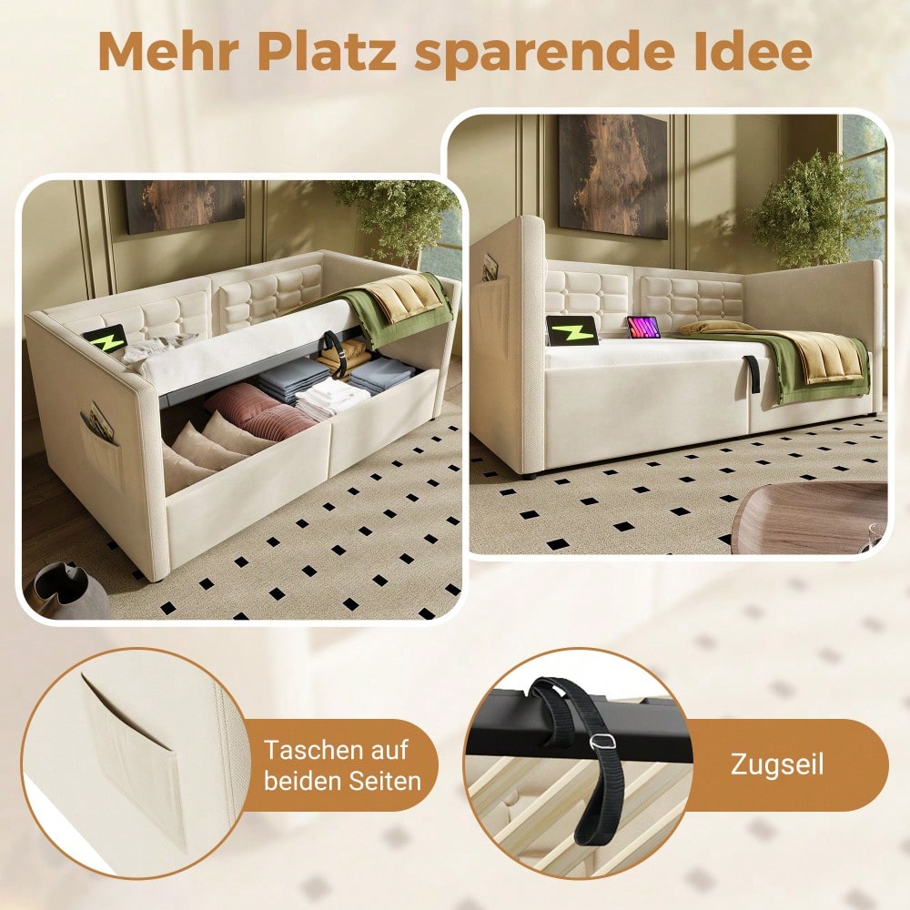 Polstertes Sofabett 90x200 cm, Einzelbett Schlafsofa mit Hydraulischem Stauraum und USB & Type-C Ladestation, Gästebett mit Holzlattenrost, Beige, Samt, Ohne Matratze.
