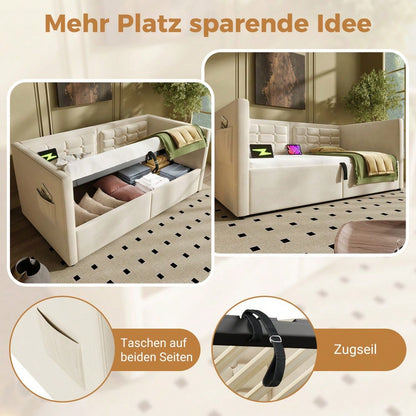 Polstertes Sofabett 90x200 cm, Einzelbett Schlafsofa mit Hydraulischem Stauraum und USB & Type-C Ladestation, Gästebett mit Holzlattenrost, Beige, Samt, Ohne Matratze.