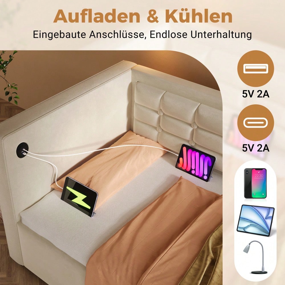 Polstertes Sofabett 90x200 cm, Einzelbett Schlafsofa mit Hydraulischem Stauraum und USB & Type-C Ladestation, Gästebett mit Holzlattenrost, Beige, Samt, Ohne Matratze.