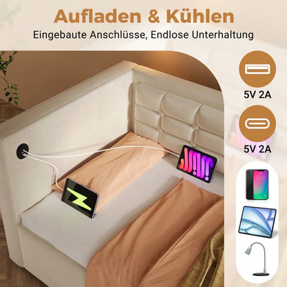 Polstertes Sofabett 90x200 cm, Einzelbett Schlafsofa mit Hydraulischem Stauraum und USB & Type-C Ladestation, Gästebett mit Holzlattenrost, Beige, Samt, Ohne Matratze.