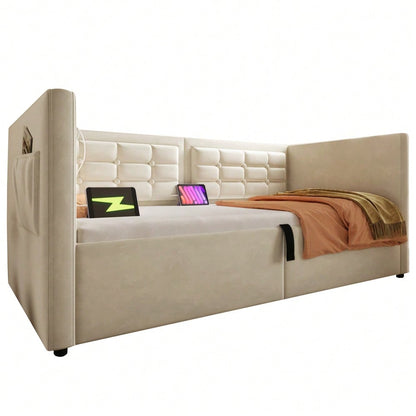 Polstertes Sofabett 90x200 cm, Einzelbett Schlafsofa mit Hydraulischem Stauraum und USB & Type-C Ladestation, Gästebett mit Holzlattenrost, Beige, Samt, Ohne Matratze.