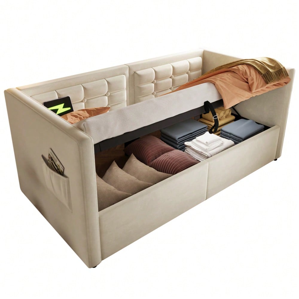 Polstertes Sofabett 90x200 cm, Einzelbett Schlafsofa mit Hydraulischem Stauraum und USB & Type-C Ladestation, Gästebett mit Holzlattenrost, Beige, Samt, Ohne Matratze.