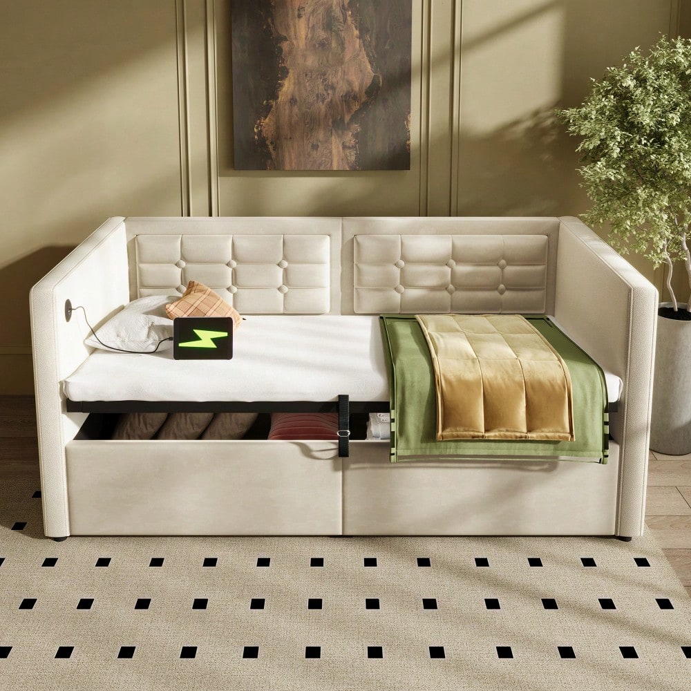 Polstertes Sofabett 90x200 cm, Einzelbett Schlafsofa mit Hydraulischem Stauraum und USB & Type-C Ladestation, Gästebett mit Holzlattenrost, Beige, Samt, Ohne Matratze.