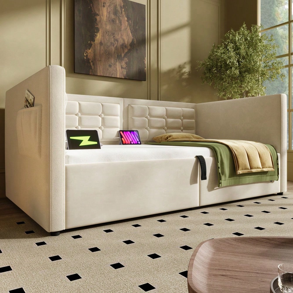 Polstertes Sofabett 90x200 cm, Einzelbett Schlafsofa mit Hydraulischem Stauraum und USB & Type-C Ladestation, Gästebett mit Holzlattenrost, Beige, Samt, Ohne Matratze.
