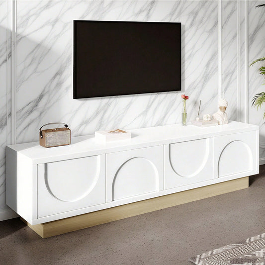 Moderner weißer TV-Schrank mit Holzmaserung – 175 cm – Minimalistisches Kurvendesign – Ausreichender Stauraum & Kabelmanagement