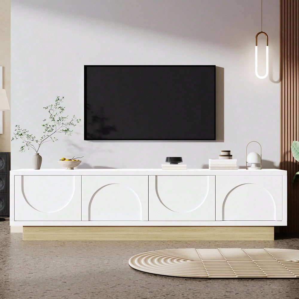 Moderner weißer TV-Schrank mit Holzmaserung – 175 cm – Minimalistisches Kurvendesign – Ausreichender Stauraum & Kabelmanagement