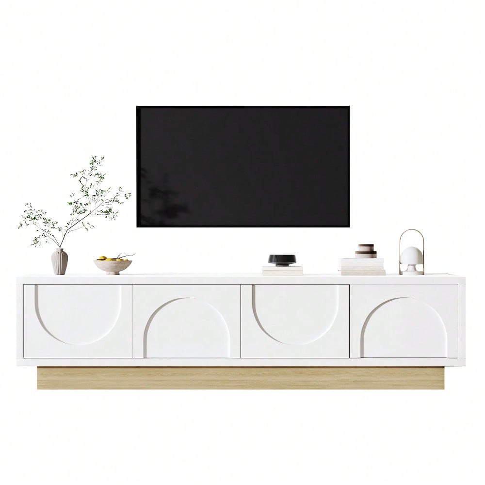Moderner weißer TV-Schrank mit Holzmaserung – 175 cm – Minimalistisches Kurvendesign – Ausreichender Stauraum & Kabelmanagement