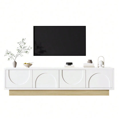 Moderner weißer TV-Schrank mit Holzmaserung – 175 cm – Minimalistisches Kurvendesign – Ausreichender Stauraum & Kabelmanagement