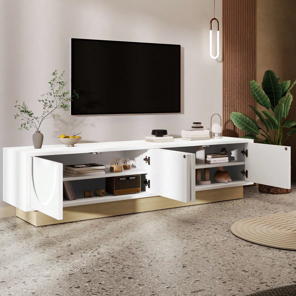Moderner weißer TV-Schrank mit Holzmaserung – 175 cm – Minimalistisches Kurvendesign – Ausreichender Stauraum & Kabelmanagement