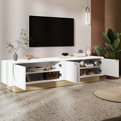 Moderner weißer TV-Schrank mit Holzmaserung – 175 cm – Minimalistisches Kurvendesign – Ausreichender Stauraum & Kabelmanagement