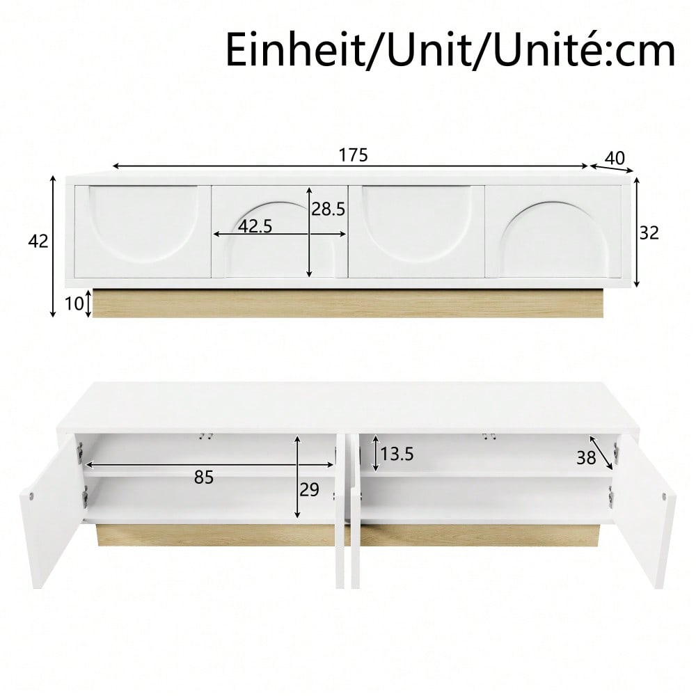 Moderner weißer TV-Schrank mit Holzmaserung – 175 cm – Minimalistisches Kurvendesign – Ausreichender Stauraum & Kabelmanagement