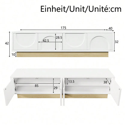 Moderner weißer TV-Schrank mit Holzmaserung – 175 cm – Minimalistisches Kurvendesign – Ausreichender Stauraum & Kabelmanagement