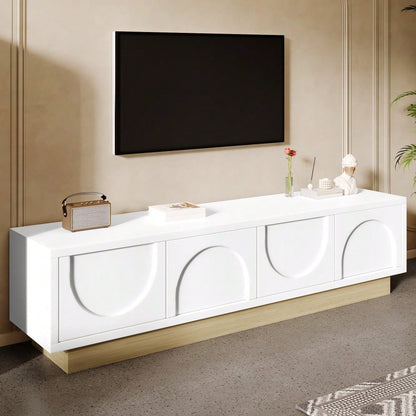 Moderner weißer TV-Schrank mit Holzmaserung – 175 cm – Minimalistisches Kurvendesign – Ausreichender Stauraum & Kabelmanagement