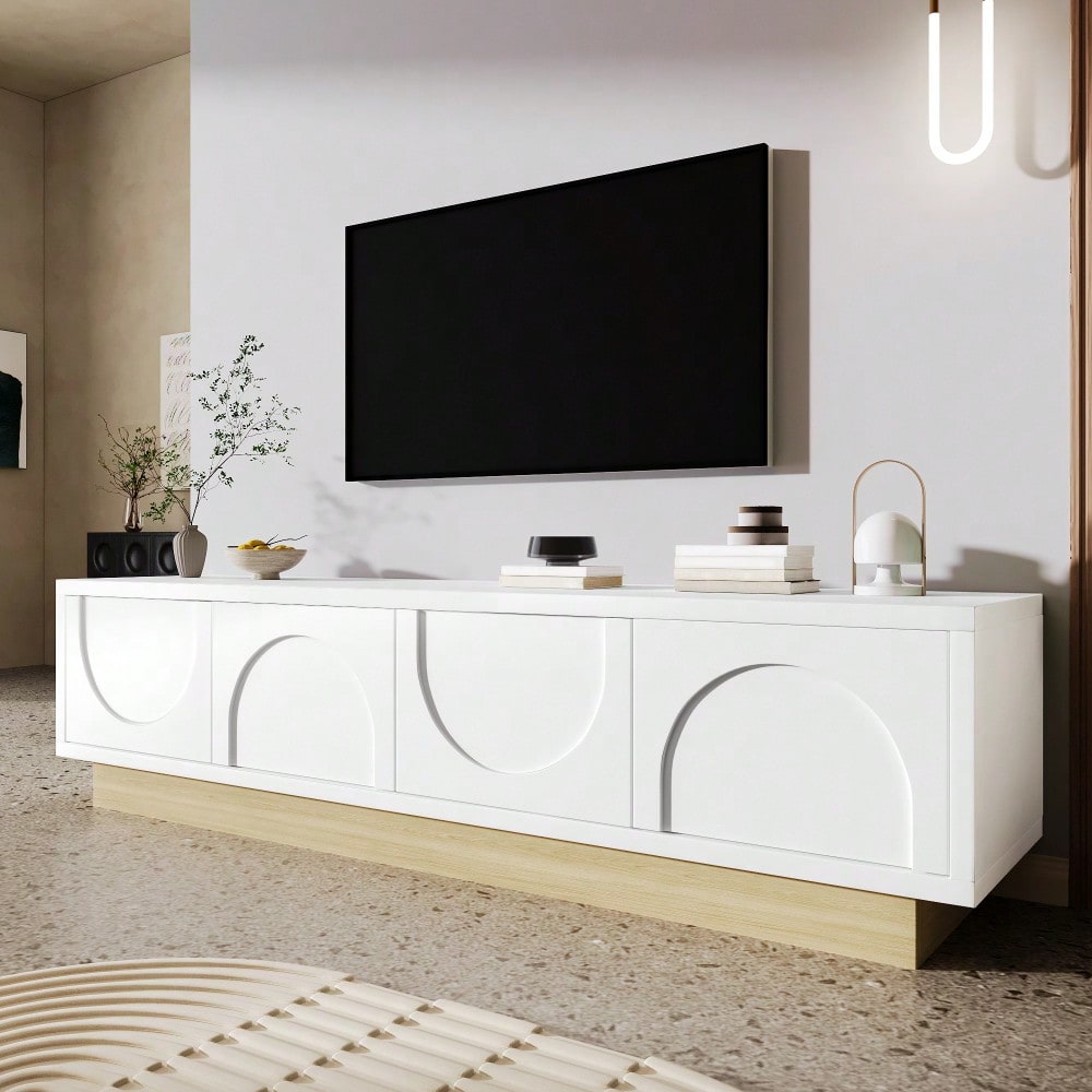 Moderner weißer TV-Schrank mit Holzmaserung – 175 cm – Minimalistisches Kurvendesign – Ausreichender Stauraum & Kabelmanagement
