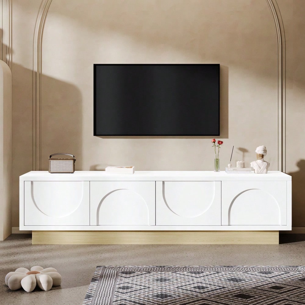 Moderner weißer TV-Schrank mit Holzmaserung – 175 cm – Minimalistisches Kurvendesign – Ausreichender Stauraum & Kabelmanagement