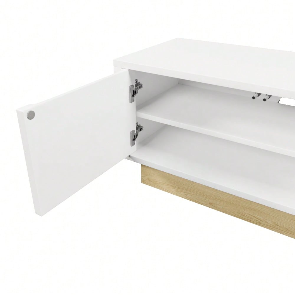 Moderner weißer TV-Schrank mit Holzmaserung – 175 cm – Minimalistisches Kurvendesign – Ausreichender Stauraum & Kabelmanagement