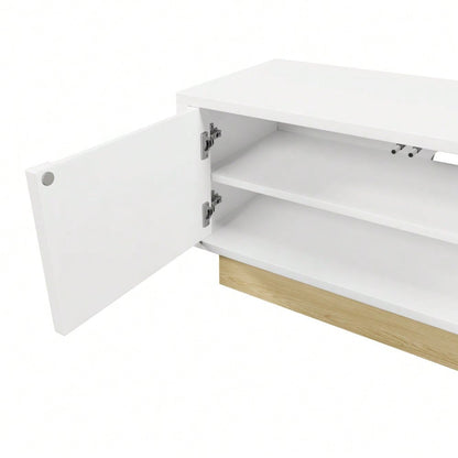 Moderner weißer TV-Schrank mit Holzmaserung – 175 cm – Minimalistisches Kurvendesign – Ausreichender Stauraum & Kabelmanagement